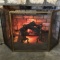 Vintage Fireplace Screen, Hammered Brass Andirons & Electric Decorative Logs