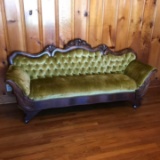 Antique Victorian Hand Carved Mahogany Settee with Scroll Ends & Tufted Back on Casters