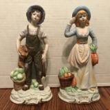 Pair of Porcelain Bisque Girl & Boy in the Garden Figurines