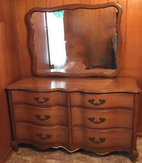 Vintage Curved Front Cherry Dresser with Mirror & 6 Drawers