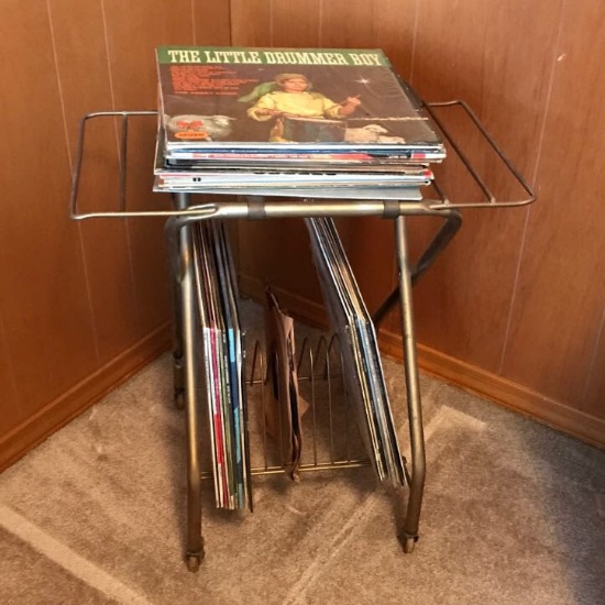 Mid-Century Modern Metal Record Album Stand with Many Vinyl Record Albums