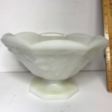 Large Vintage Embossed Grape Leaf Milk Glass Pedestal Bowl