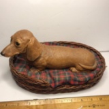 Sandicast Dachshund Dog Figurine Signed on Bottom with Wicker Bed
