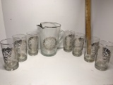 8 pc 25th Anniversary Pitcher & Glasses with Silver Accent