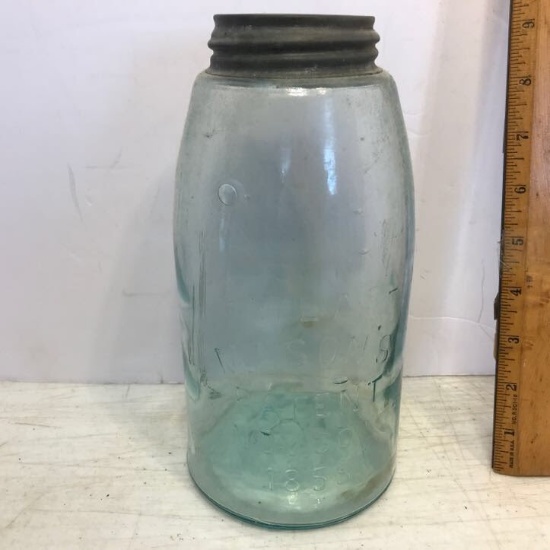 Antique Blue Atlas Mason Jar Patent 1859 with Zinc Lid