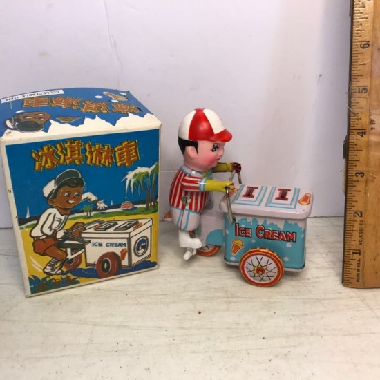 Tin Wind-up Ice Cream Boy on Bike Collector’s Toy in Box