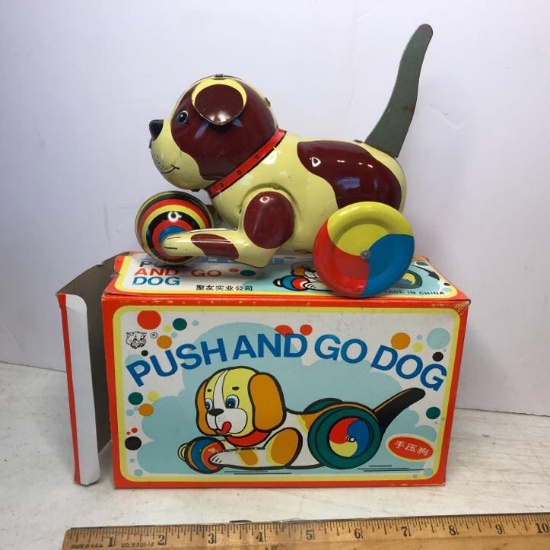 Tin “Push and Go Dog” Collector’s Toy in Box