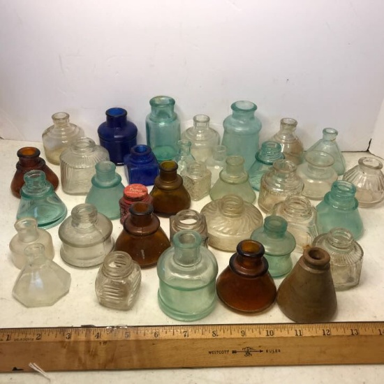 HUGE Lot of Glass & 1 Pottery Vintage Ink Bottles