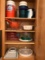 Cabinet Lot of Baking, Plastic Ware, Chip & Dip Bowl, Thermos’ & More