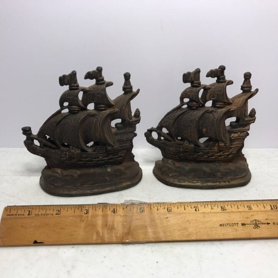 Cast Iron Old Spanish Clipper Sailing Boat Bookends Numbered “615” on Back