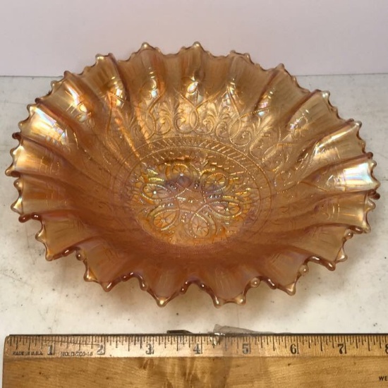 Vintage Iridescent Ruffled Edge Bowl with Ornate Embossed Design