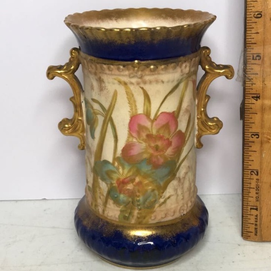 Vintage Floral Vase with Gilt Handles Signed W.A.A. & Co. England