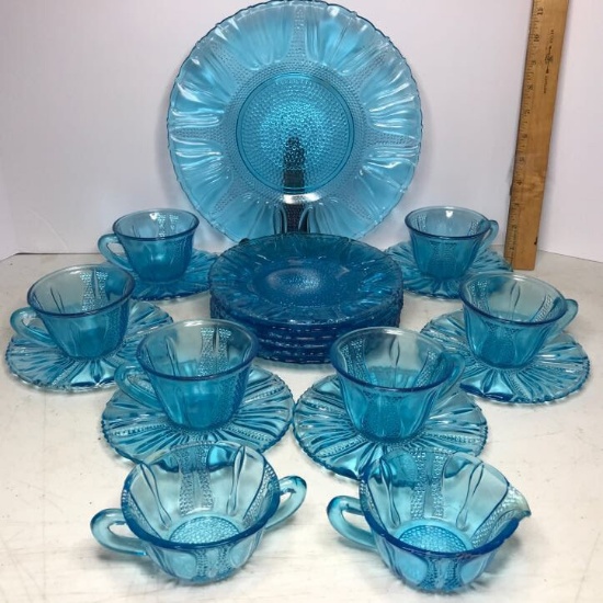 21 Pc Vintage Blue Glass Lunch Set