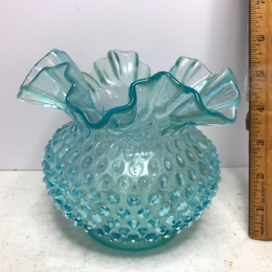 Vintage Blue Hobnail Ruffled Top Vase