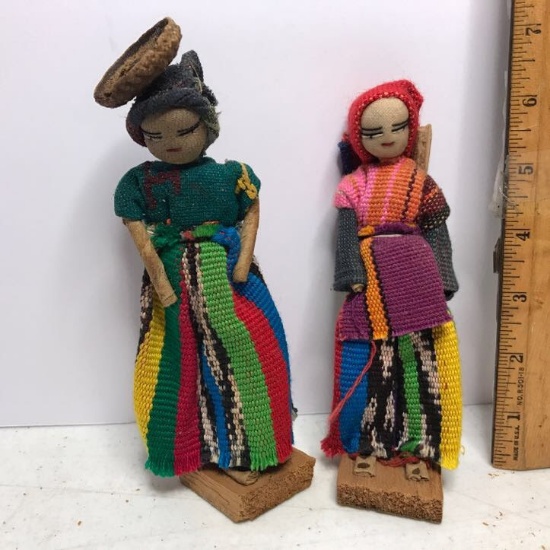 Pair of Vintage Ethnic Dolls on Wooden Bases