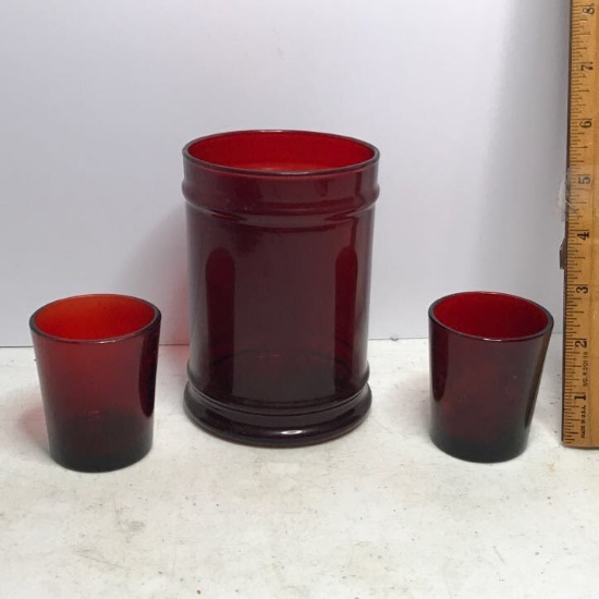 Vintage Ruby Red Jar with 2 Candle Holders