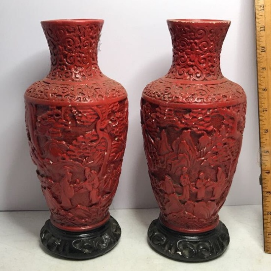 Pair of Vintage Red Chalk-Ware Vases with Embossed Oriental Scene