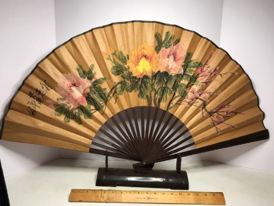 Vintage Hand Painted Signed Large Floral Bamboo Fan on Stand