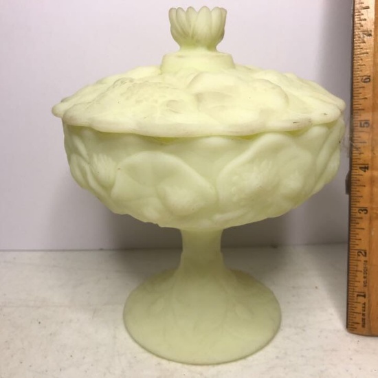 Vintage Signed “Fenton” Custard Glass Pedestal Candy Dish with Lid