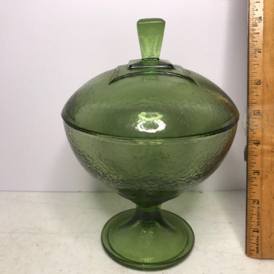 Vintage Green Glass Pedestal Dish with Lid