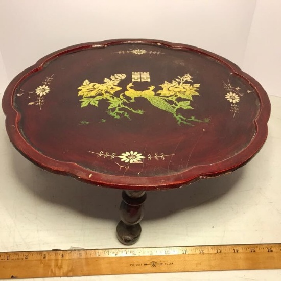 Vintage Wooden Oriental Short Table with Floral & Bird Design