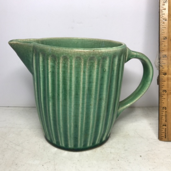 Vintage Green Ribbed Pottery Pitcher