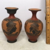 Pair of Hand Painted Terra-Cotta Bud Vases