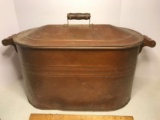 Large Antique Copper Tone Metal Lidded Tub with Wooden Handles