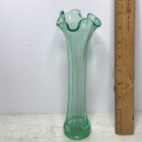 Vintage Tall Uranium Vaseline Glass Bud Vase with Ruffled Edge