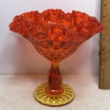 Vintage Amberina Glass Pedestal Bowl with Thumbprint Design with Ruffled Edge