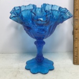 Vintage Blue Embossed Glass Pedestal Bowl