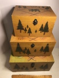 Set of 3 Large Wooden Nesting Boxes with Grizzly Bear Scene