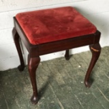 Vintage Wooden Seat with Red Velour Cushioned Top, Queen Ann Legs & Hidden Compartment Under Seat