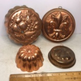 Lot of 4 Copper & Copper Finish Gelatin Molds/Wall Hangings