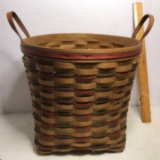 Split Oak Tall Basket with Leather Handles Signed on Bottom “Peachtree Basketry”