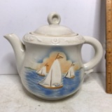 Vintage Porcelier Vitreous China Teapot with Embossed Sailboat Scene