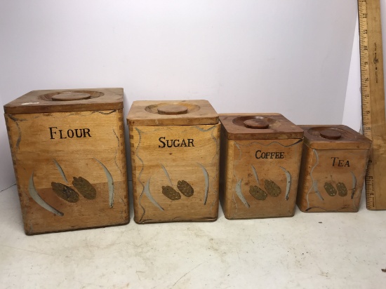 Set of Vintage Wooden Canisters with Dove-tailed Corners