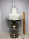 Vintage Silver Plated Oil Lamp Converted Electric with Vintage Milk Glass Shade