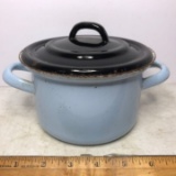 Vintage Baby Blue Enamel-Ware Double Handled Pot with Black Lid