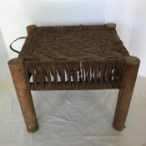 Vintage Wooden Stool with Woven Leather Top