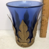 Cobalt Vintage Glass Vase with Brass Tone Metal Leaf Base