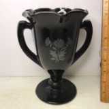 Vintage Double Handled Floral Black Amethyst Vase