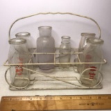 Lot of Misc Vintage Milk Bottles & Glass Bottles in Metal Caddy