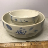 Pair of Vintage Pottery Bowls with Blue Rose Design