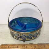 Vintage Plated Basket with Divided Blue Glass Dish