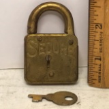 Vintage Brass Secure Pad Lock with Key