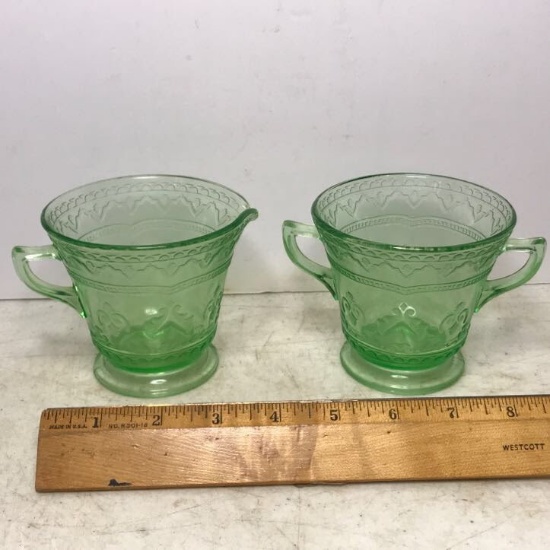 Vintage Vaseline/Uranium Glass Creamer & Double Handled Sugar Bowl Set