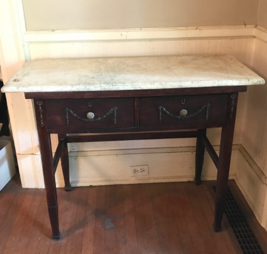 Antique Marble Top Writing Desk with Ornate Appliqué Drawers