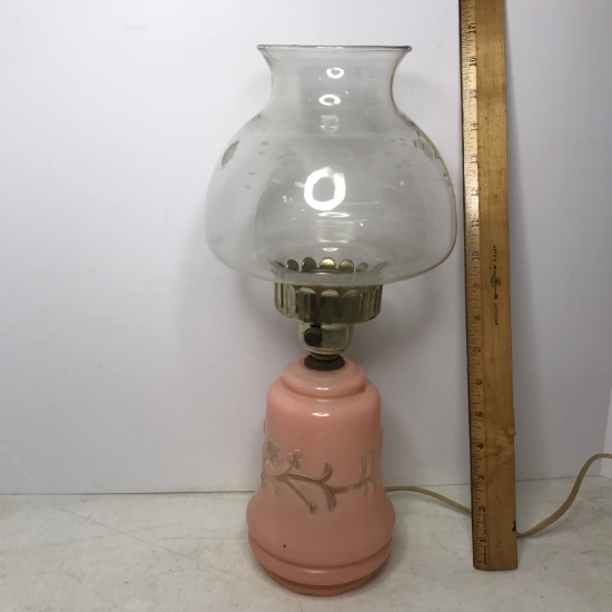 Vintage Pink Glass Embossed Lamp with Etched Glass Shade