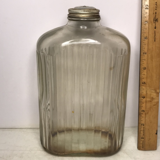 Vintage Anchor Hocking Ribbed Heavy Glass Bottle with Strainer Lid
